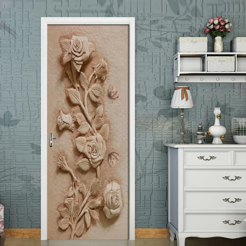 DIY Наклейка на дверь 3D рельефная Роза роспись бабочками для гостиной спальни