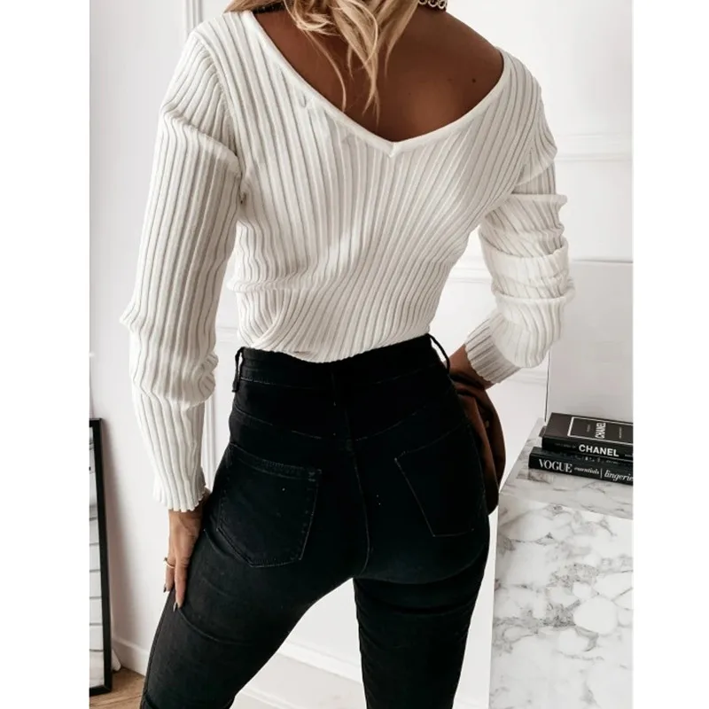 

Leosoxs Spring Autumn Sexy V Neck Long Sleeve Slim Women's Sweater 2020 Casual Solid Fashion Backless Knitting Bodycon Lady Tops