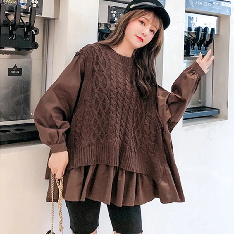 

Women Casual Fake Two Piece Tops Loose Knitting Sweater Long Sleeve Blouse Jumper Pullover Tops Tunic