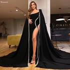 Черные марокканские Кафтан Вечерние платья русалки с накидкой с высоким разрезом Кристалл атласные сексуальные платья для выпускного вечера Длинные женские платья для торжества