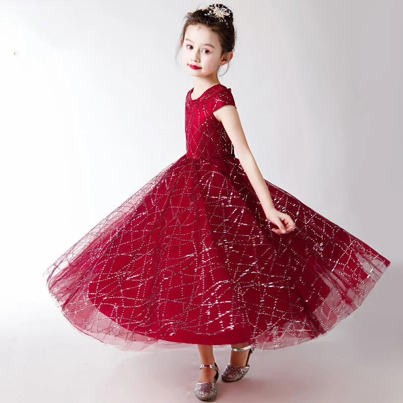 Очаровательное платье с круглым вырезом для девочек Бордовое цветочным узором