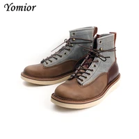 yomior new handmade vintage men shoes real cow leather round toe ankle boots mixed colors lace up platform boots motorcycle boot
