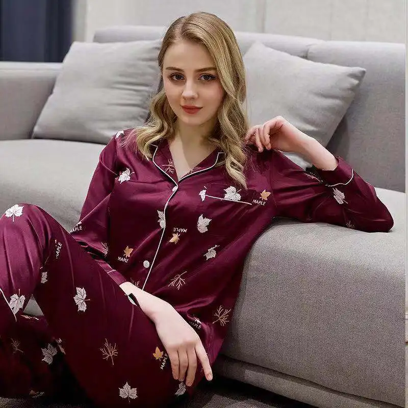 Женские пижамные комплекты мягкая Сексуальная Шелковая пижама с принтом длинным