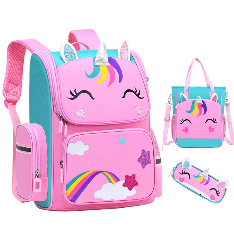 Girl School Bags Child Unicorn Printing Backpack School Bag Set for Girl Cute blue Pink Children's Schoolbag Waterproof Kids bag