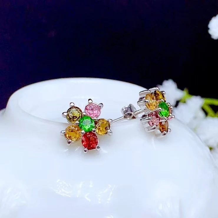 

attractive colorful tourmaline stud earrings for women silver ornament natural gem real 925 sterling silver birthday party gift