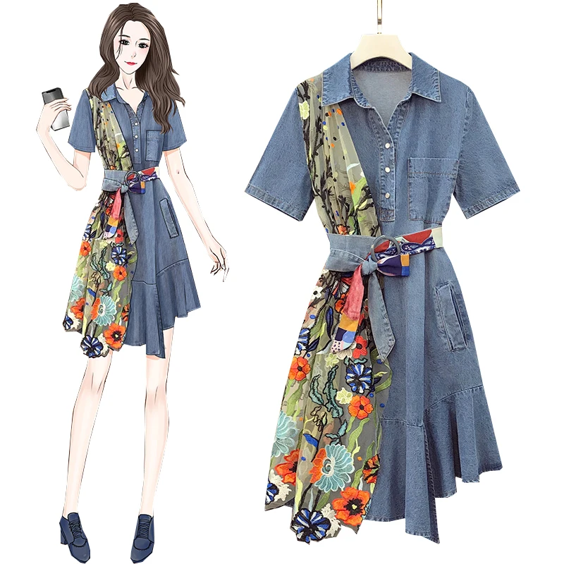 

2021 New Summer Denim Dresses Female Fashion Oversize Slim French Dress Women Medium-Length Design Elegant Cowboy Dresses Lady