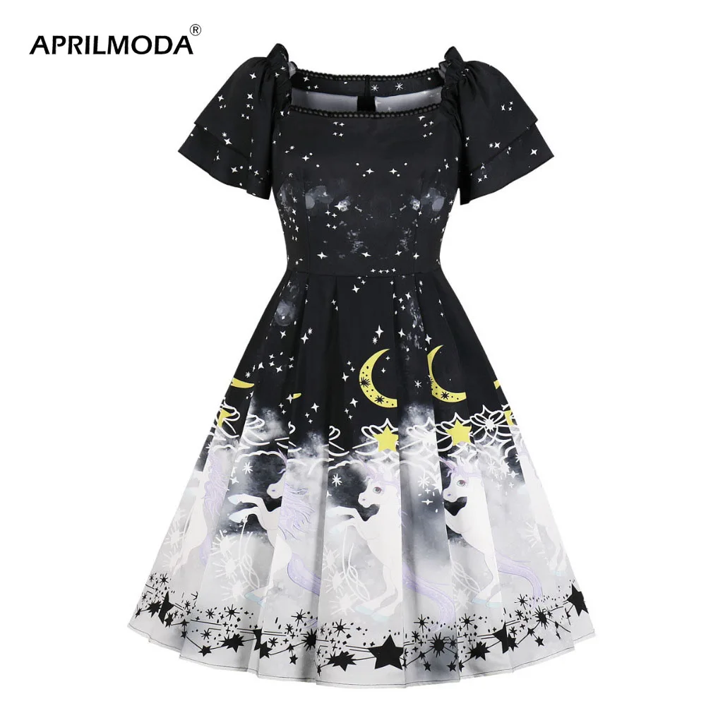 Рождественское женское винтажное платье с принтом единорога вечерние платья