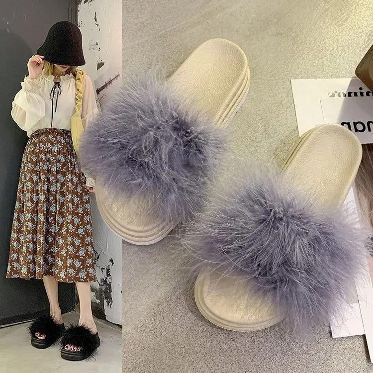 

Women Slide Ostrich feather Warm Fluffy Slippers Fur Flip Flops Flat Home Slippers Furry Slides Woman Plush Casual Shoes Sandals