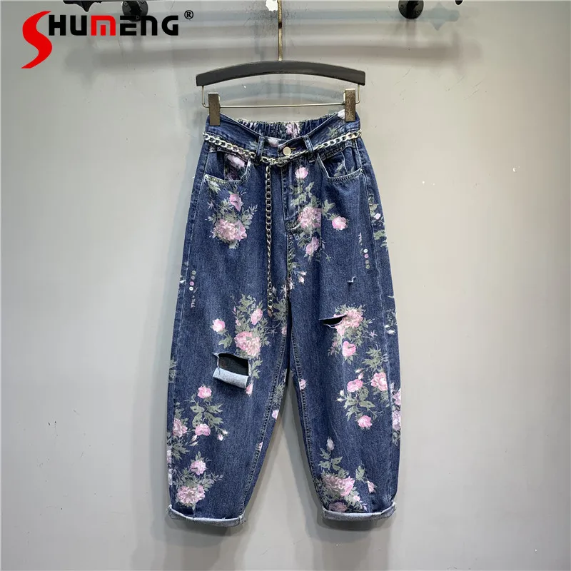

Women Ripped Rose Printed Harem Denim Jeans for Women Loose 2021 Summer New Vintage Loose Thin Knickerbockers Wide-Leg Pants