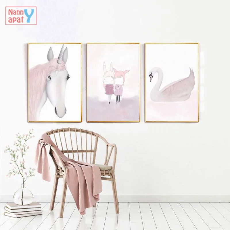 Акварельные рисунки мультфильм единорог олень кролик девушка рисунок на холсте