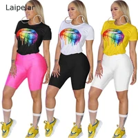 summer rainbow lips print sexy two piece set clothes for women o neck short sleeve t shirt and biker shorts suit