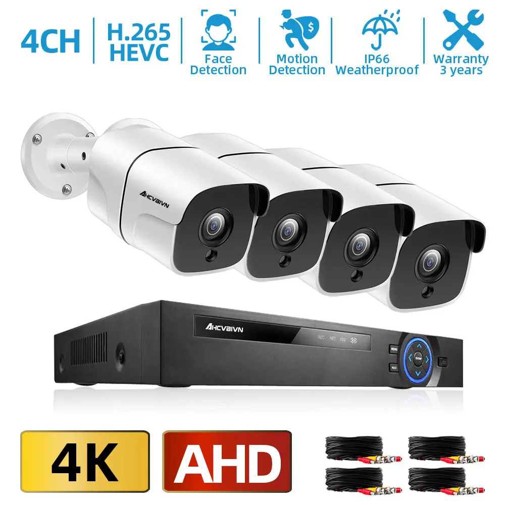 

AHCVBIVN H.265+ 4CH DVR CCTV Camera System 8MP IR Night Vision Indoor Outdoor Bullet Camera 4K Home Security System Kit XMEYE