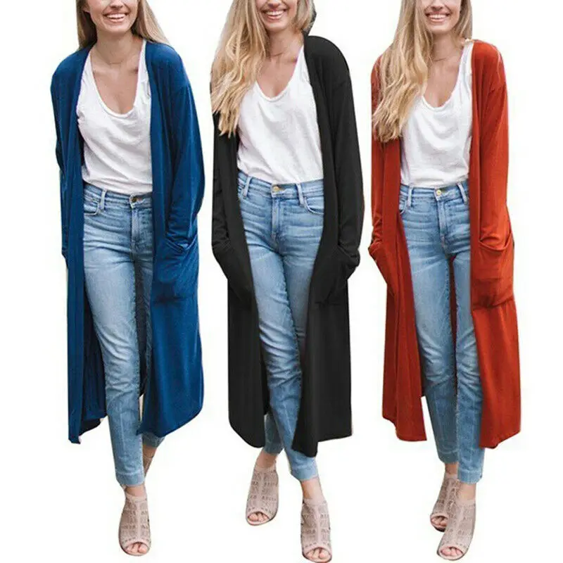 Women's Casual Coat Cardigan Tops Open Front Pockets Solid Long Sleeve Outwear | Женская одежда