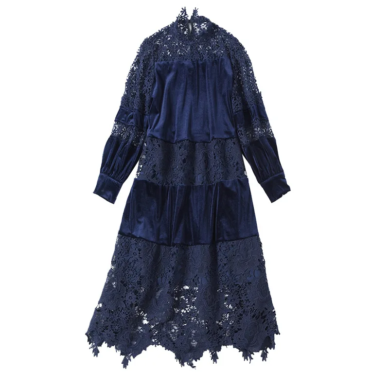 

2020 spring dress women's hook flower hollow water-soluble splicing fashion women's Velvet layer doll dresses