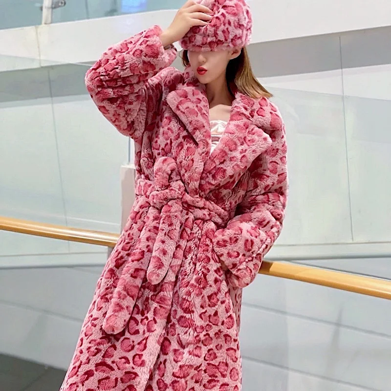 

2021 New Winter Women Real Rex Rabbit Fur Coats Fashion Long Leopard Overcoat Simple Warm Ladies Outerwear Luxurious Street