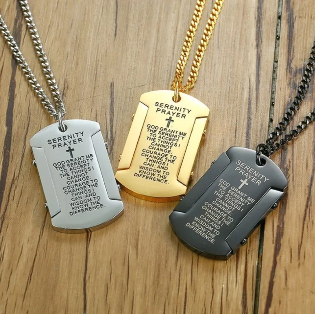 

KRUSHUNI Mens Necklace with "God grant me the serenity" Stainless Steel Dog Tag Pendant Religious Male Jewelry