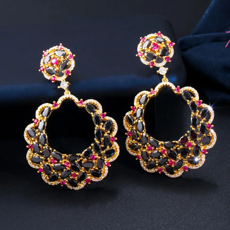 CWWZircons Luxury Designer Big Long Flower Drop Red Black Cubic Zirconia Stone Earring Yellow Gold Party Jewelry for Women CZ687 | Украшения