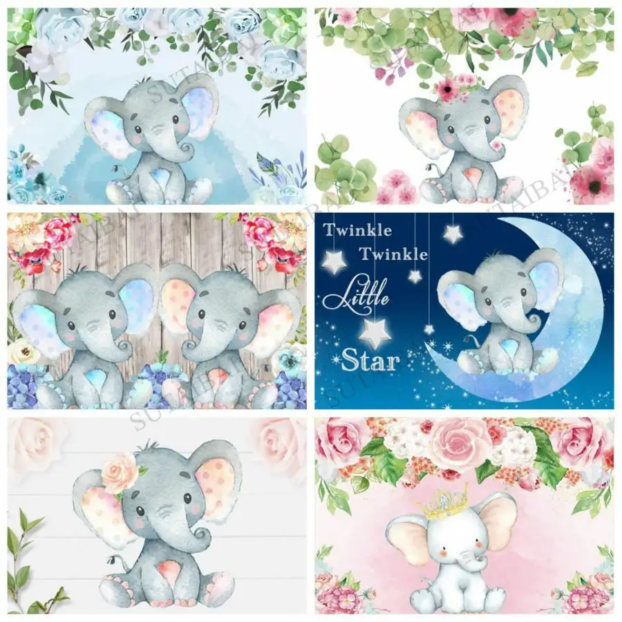 

Cartoon Fresh Flowers Elephant Background Girl Birthday Party Decorative Photography Studio Photo Kid Room Ornament Backdrop