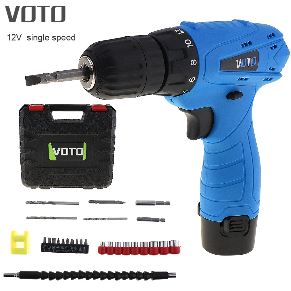 

VOTO AC 100 - 240V Беспроводная электрическая отвертка 12V с поворотным регулируемым переключателем и пластиковой коробкой 26 шт. комплектов аксессуаров