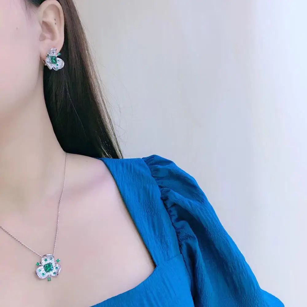 

jewelry set 925 sterling silver with cubic zircon flower stud earring and pendant fine women jewelry free shipping
