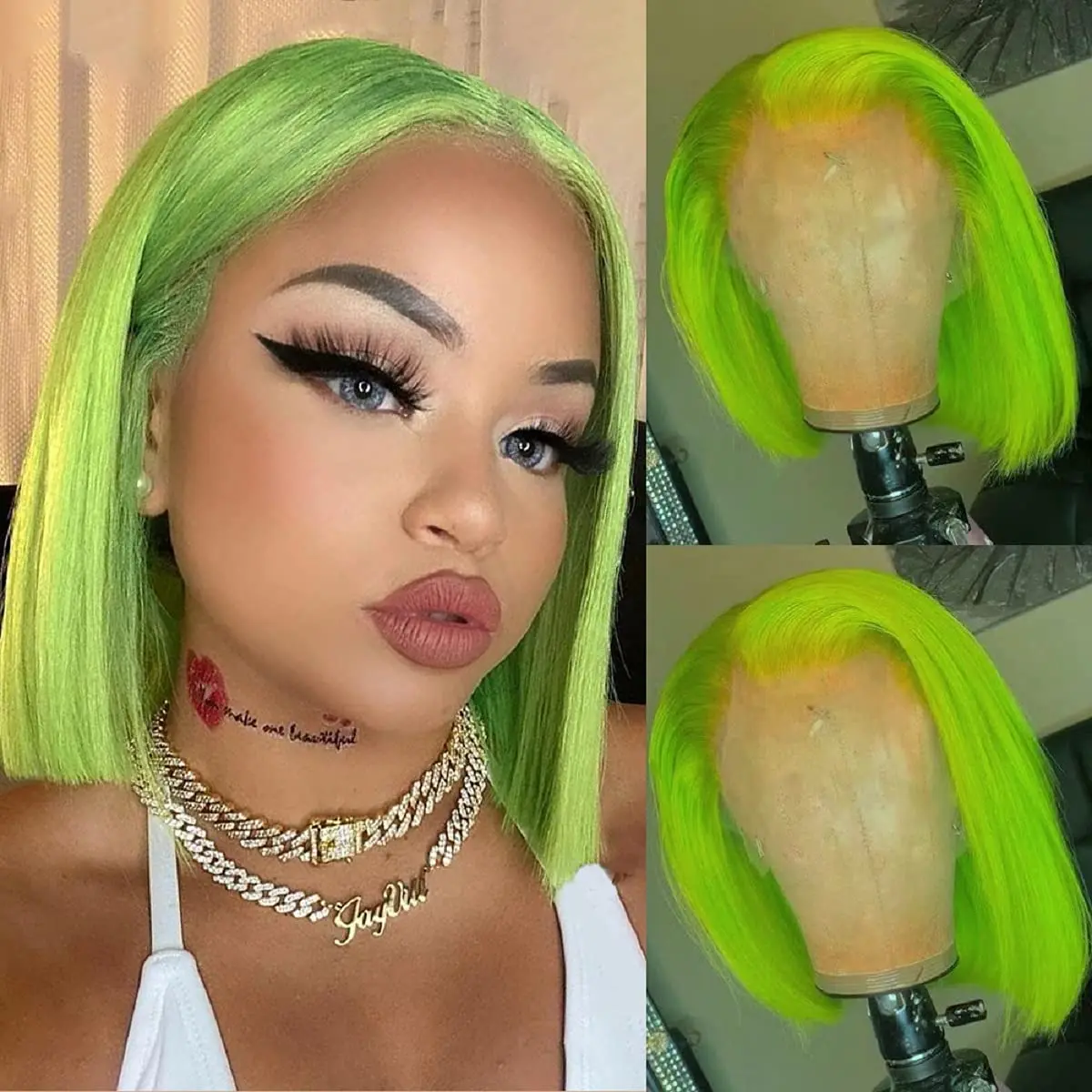 Lime Green Bob Lace Front Wig Colored 180% Density 13x4 Free Part Short Bob Human Hair Glueless Brazilian Remy Hair Wigs