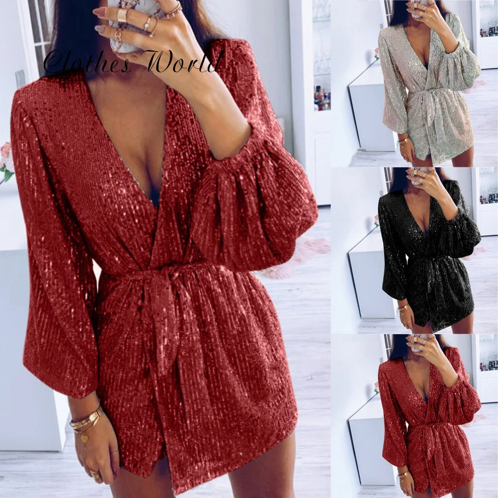 Women Sexy Dress Club Tie Up V Neck Glitter Sequin Evening Mini Cocktail Wrap vestidos de fiesta noche платье женское | Женская