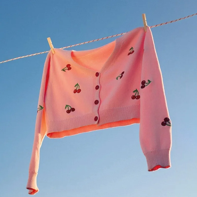 

Fannic 2020 Fashion Autumn England Style Cherry Printed Long Sleeve V-Neck Single Breasted Cardigan Sweater