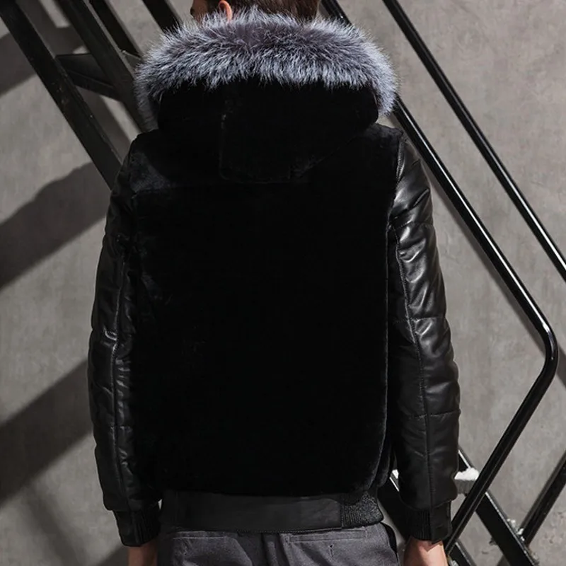 Top Brand Mens Pu Leather Motorcycle Jacket Faux Coat Fur Trim Hooded Winter Warm Overcoat Classic Black European Large Size | Мужская