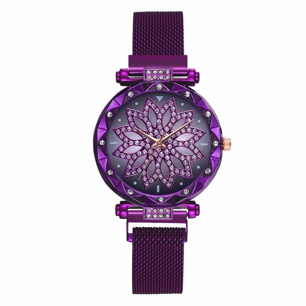 purple2 Горячая Мода женские Цветочные Стразы Наручные часы женские роскошные повседневные розовое золото Сталь Кварцевые часы Relogio Feminino магнитные часы - Цвет: purple2