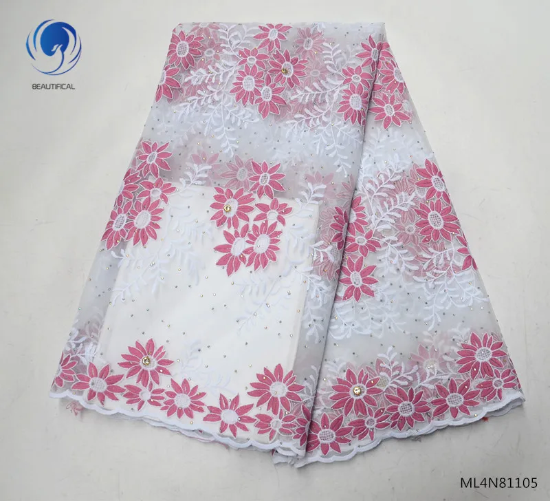 

Beautifical nigerian lace fabrics New design nigerian style tulle lace with stones 5yards/lot embroidery lace fabric ML4N811