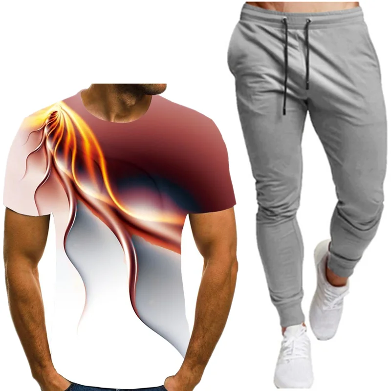 

2021New T-shirt 2 Pieces Sets Tracksuit 3D Printing Men Short Sleeves+Pants Pullover Sportwear Suit Casual Sports Men Clothes