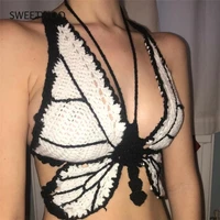 2021 summer vest women sexy hollow knitted crochet butterfly cropped top womens fairy grankey dress halter halter vest