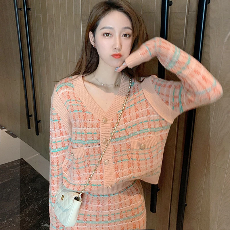 Gentle Cardigan Skirt Knitted Wool 2021 Spring and Autumn Women's Fashion Two-Piece Set Short Sweater |