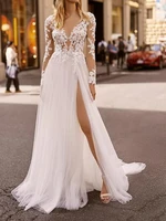 vestido de novia modesto beach wedding dresses a line long sleeves tulle appliqued cheap backless wedding gown bridal dresses