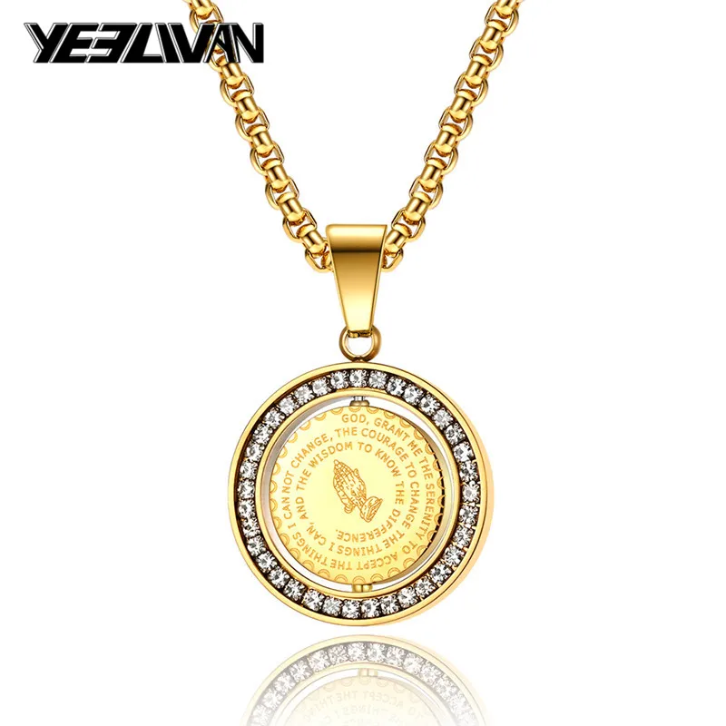 

Men's Bible Verse Prayer CZ Rotatable Necklace Christian Jewelry Gold Stainless Steel Praying Hands Coin Medal Pendant Necklaces