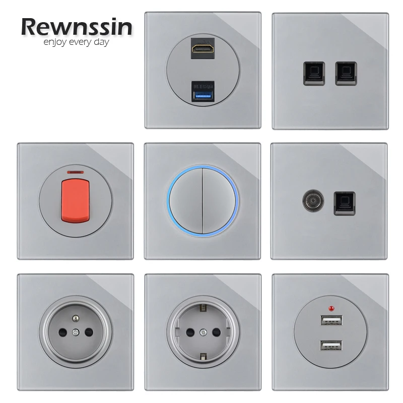 

Электрическая розетка Rewnssin с зарядным устройством, USB-разъемом, RJ45, ТВ-гребень, серебристая стеклянная панель, розетки 250 В, для домашнего раз...