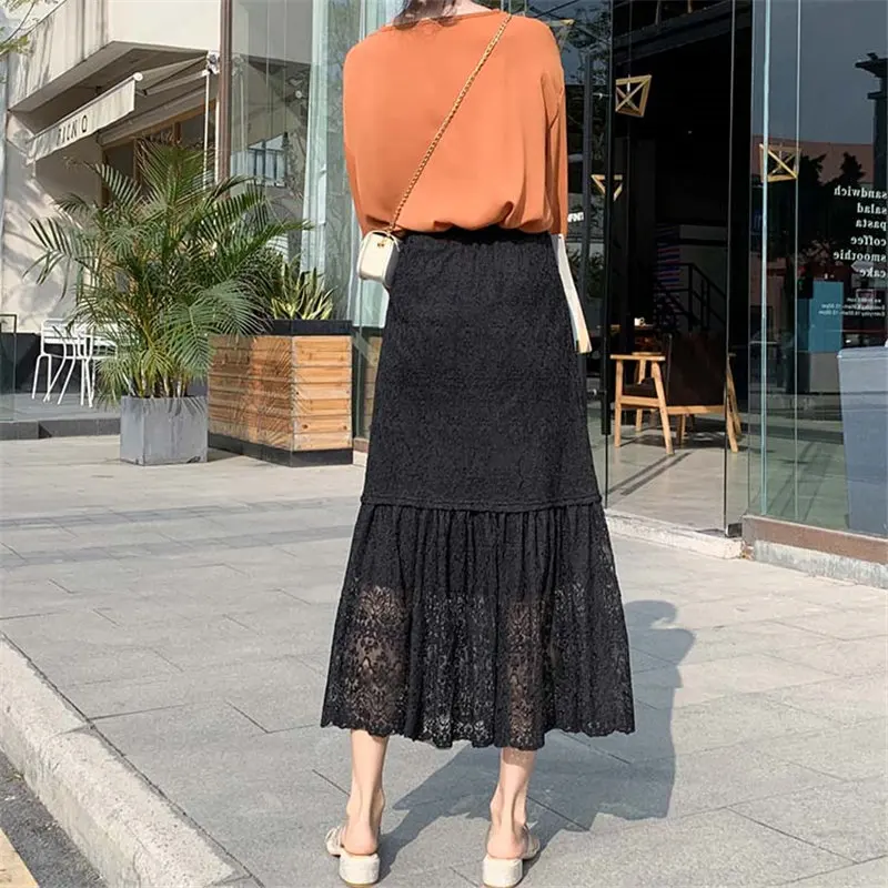 

Lace Retro High Waist Elegant 2021 New Elastic-Waist A-Line High Street Floral Office Lady Womens Skirts 3 Colors