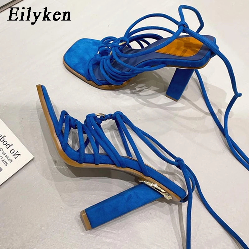 

Eilyken Fashion Narrow Band Gladiator Sandals Women High Heels Square Toe Ankle Lace-up Female Shoes Summer Party Ladies Pumps