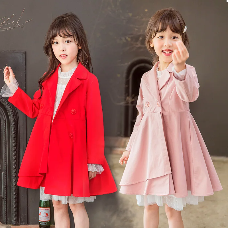 Тренчкот для девочек новинка 2019 Осень зима модный однотонный детский хлопковый