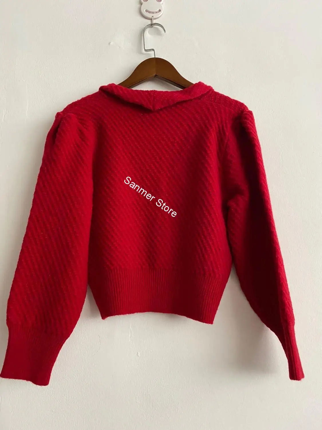 

Women's Knitted Short Sweater V-neck Red White Single Breasted Long Lantern Sleeve Solid Vintage Knitwear Cardigan Early Autumn