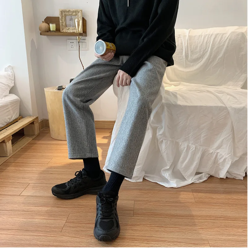 

2019 Autumn And Winter New Ins Thick Woolen Casual Straight Pants Fashion Solid Color Warm Trousers Beige / Brown / Black / Gray