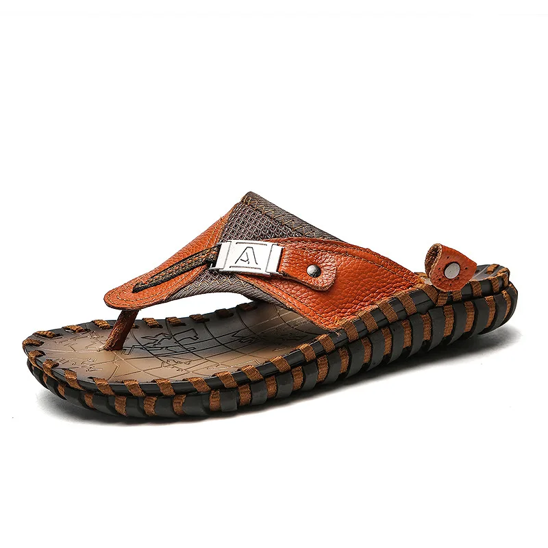 

2021 Men's Flip Flops New Beach Shoes First Layer Cowhide Flip-Flops Casual Men's Shoes Fashion Large Size Outdoor Slippers