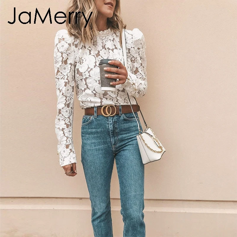 Женская винтажная кружевная блузка JaMerry элегантная белая Просвечивающая офисная
