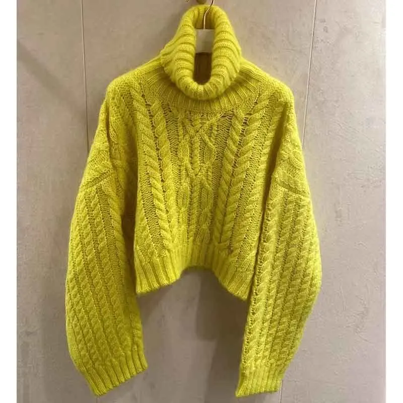 

Cosmicchic 2021 Autumn Winter Mohair Pullover Women Sexy Fluorescent Color Knitted Turtleneck Sweater Wide Long-Sleeved Runway