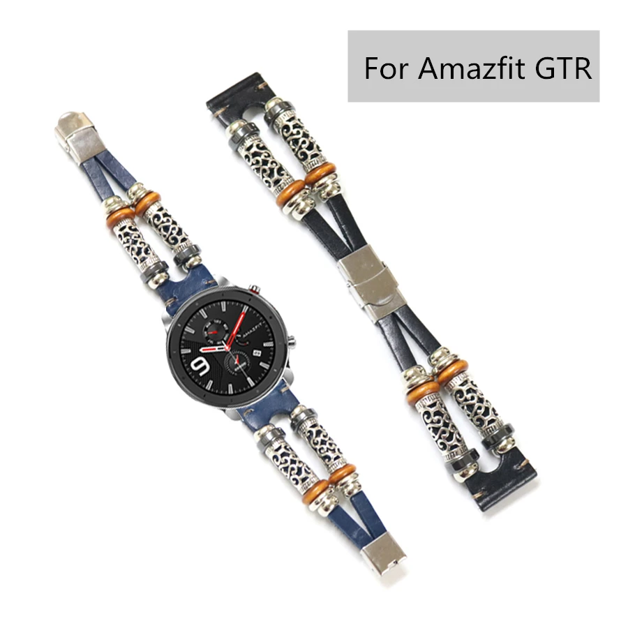 

For Amazfit GTR Strap Genuine Leather Beading Watchband Bracelet for Huami Amazfit Bip/Pace/Stratos 2 2S Watch Band 20mm 22mm