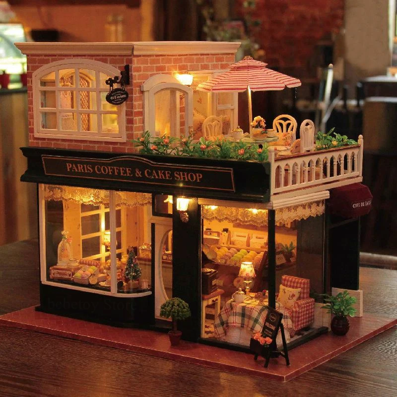 

Wooden house DIY doll house French coffee tour Large Handmade model house Valentine's day birthday gift