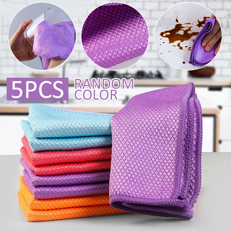 

5pcs Newest Kitchen Special Fish Scale Wipes for Glass Housework Cleaning Cloth Household Cleaning Tools Random Color
