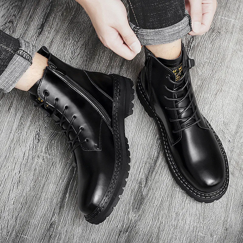 

Warm Winter Shoes Genuine Leather Boots Men's Leather Shoes Motorcycle Men Ankle Boot Autumn Men Winter Black *