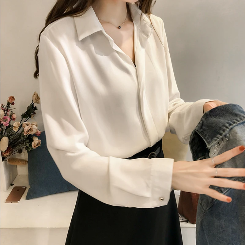 

Весна-Осень 2020, шифоновые рубашки для женщин, модные, однотонные, с отложным воротником, с длинным рукавом, свободные блузки, офисный женский...