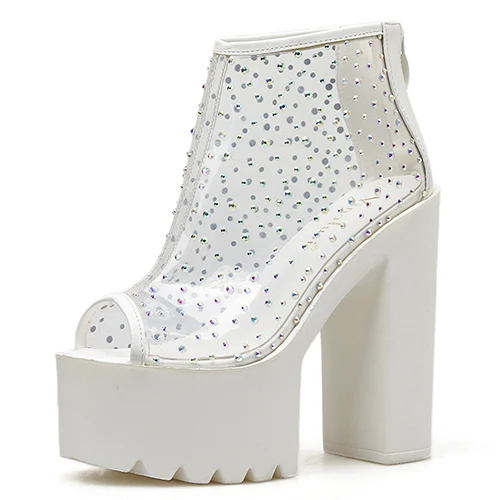white shoes Gdgydh/Женская обувь; коллекция года; Летние пикантные Клубные роскошные ботинки с кристаллами; женские дизайнерские черные ботильоны на высоком каблуке; вечерние ботинки с открытым носком - Цвет: white shoes